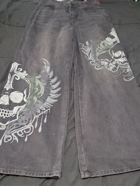 Social Collision Size 5 Black Denim Wide Leg With Skulls Jeans